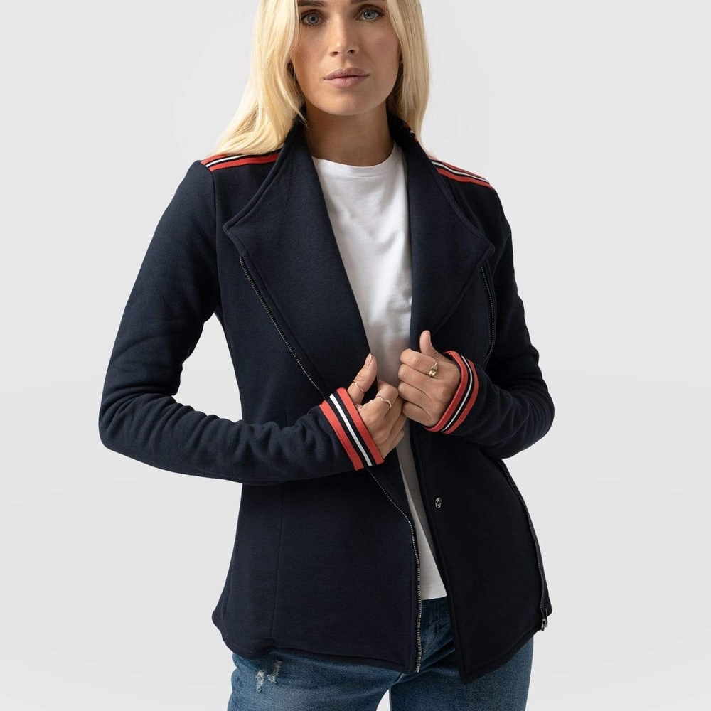 Navy Blue Blazer with Red Striped Cuffs